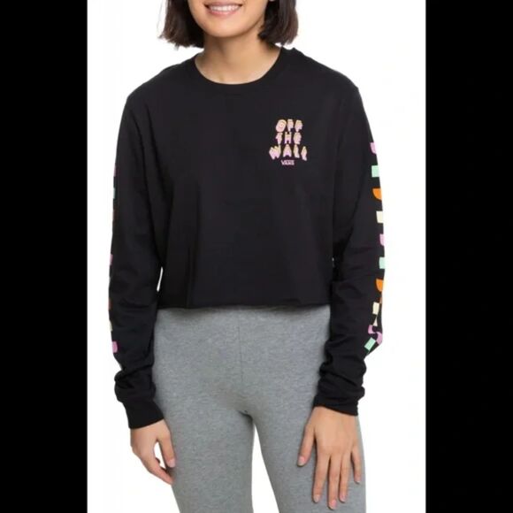 Vans Off The Wall Black Long Sleeve Crop Top with Multi-Color Checkered Sleeve - Picture 3 of 3